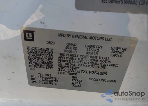 2020 Chevrolet Silverado 2500Hd Work Truck z USA, uszkodzony, nr VIN 1GC1WLE7XLF264399